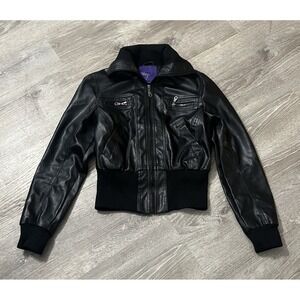 Miley Cyrus Max Azria Black Bomber Women Size Medium Leather Jacket